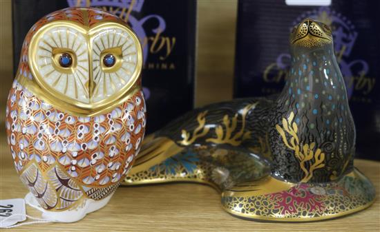 A Royal Crown Derby figures of a sea lion and an owl, both boxed